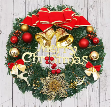 🎄✨ Guirlanda de Natal com Laço, Sino e Renas – Decoração Festiva para Porta e Parede