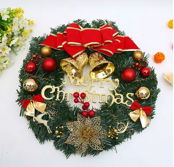 🎄✨ Guirlanda de Natal com Laço, Sino e Renas – Decoração Festiva para Porta e Parede